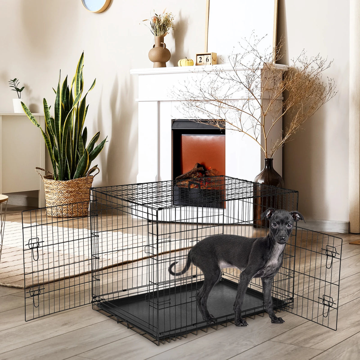 JHK Double Door Folding Metal Wire Dog Kennel Leakproof Tray
