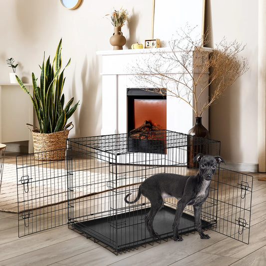 JHK Double Door Folding Metal Wire Dog Kennel Leakproof Tray