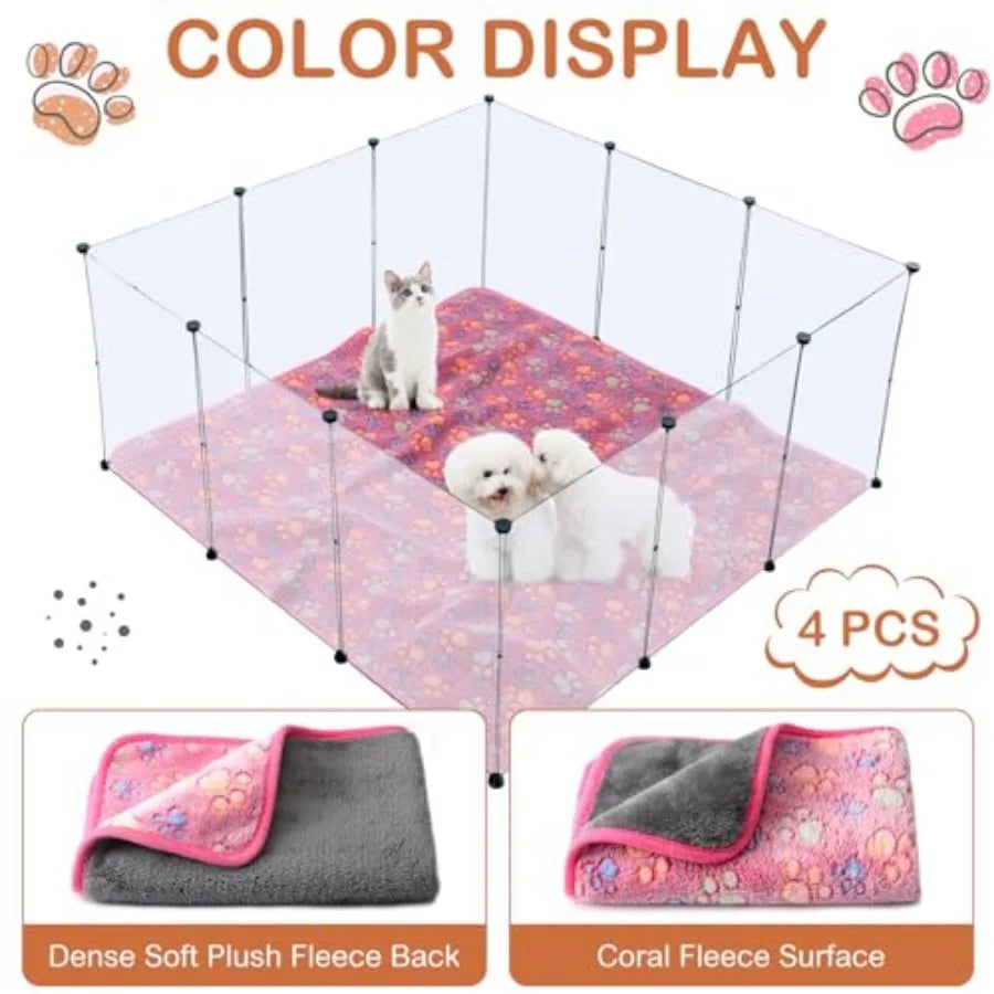 4 Pcs Waterproof Dog Blankets Washable Puppy Paw Print Fleece Blanket for Small Medium Pet Cat Whelping Warm Soft Sleep Mat Gui