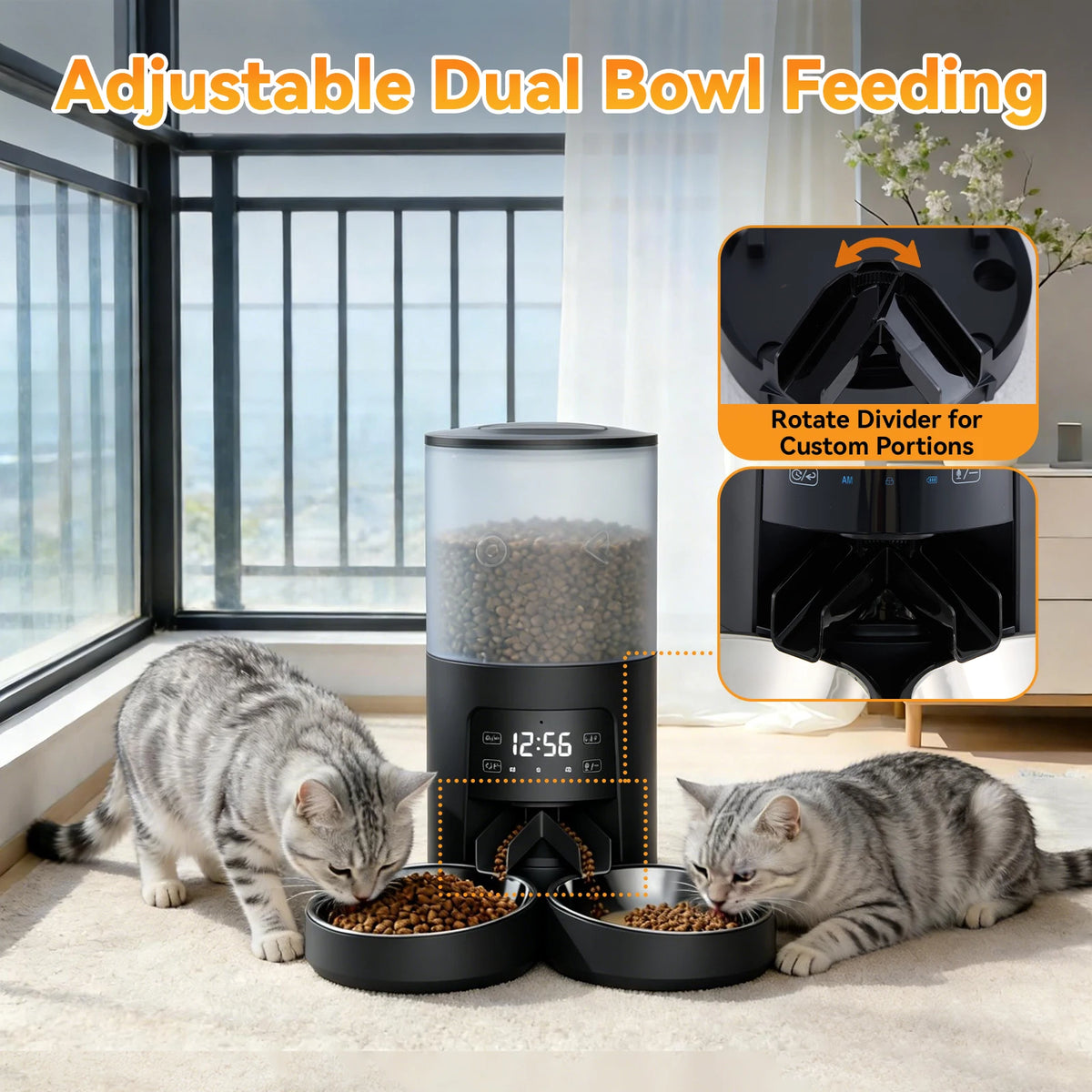 JHK Automatic Cat Feeder With Dual Stainless Bowls Timed Feeding