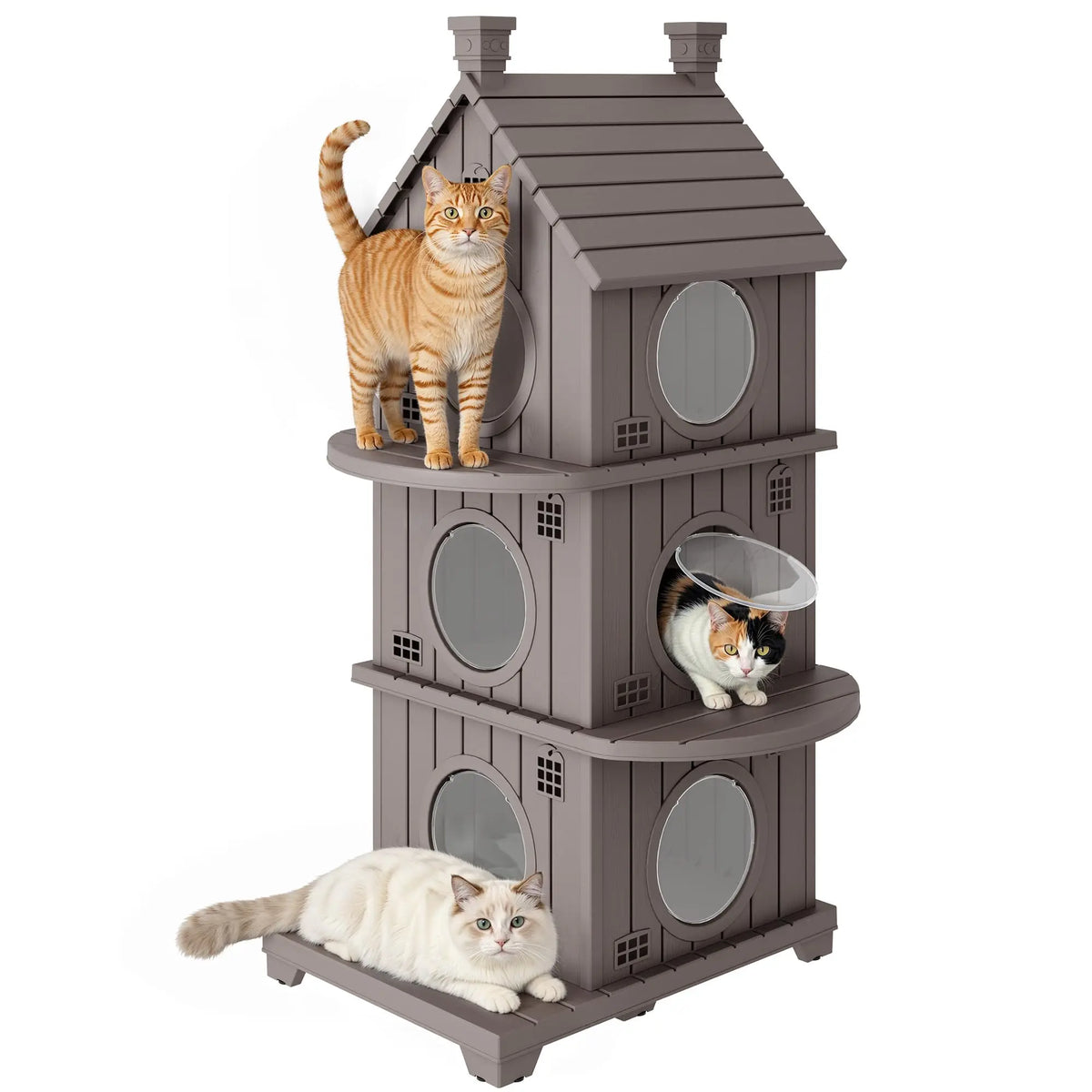 Outdoor Cat House Weatherproof, Durable Resin Cat Houses for Outdoor Indoor Cats, Litter Box Enclosure with Elevated Base, Anti-Slip Pad, Ventilation, Three-Story, Taupe Grey