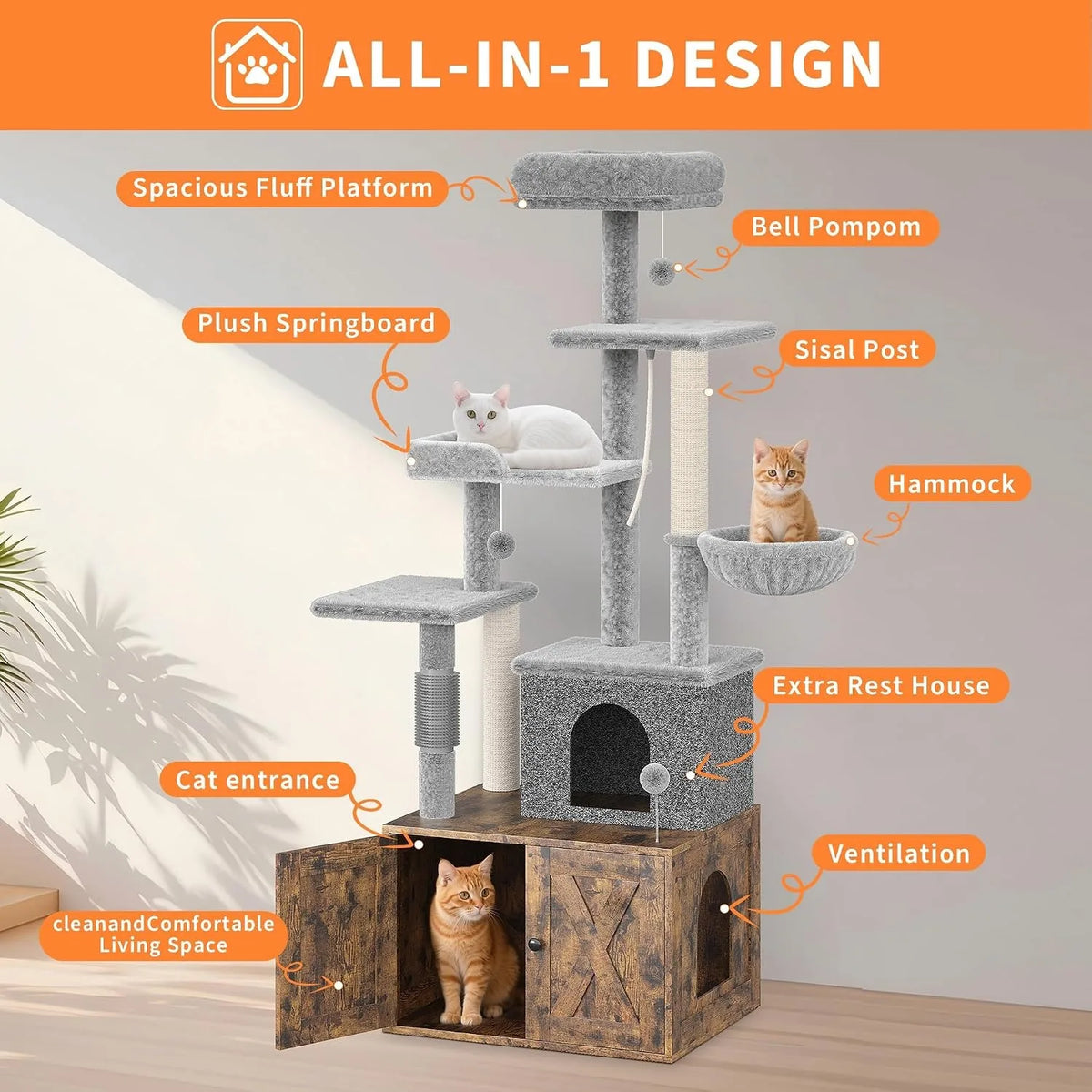 Modern Cat Condo With Integrated Litter Box And Scratching Posts