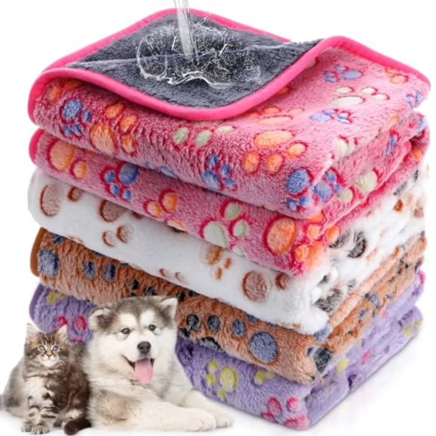 4 Pcs Waterproof Dog Blankets Washable Puppy Paw Print Fleece Blanket for Small Medium Pet Cat Whelping Warm Soft Sleep Mat Gui