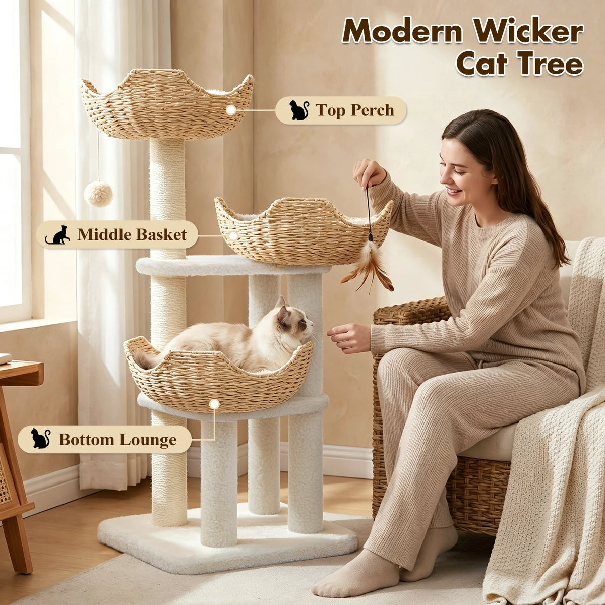 PAWZ Road Multi-Level Cat Tree Rattan Baskets Sisal Scratching Posts