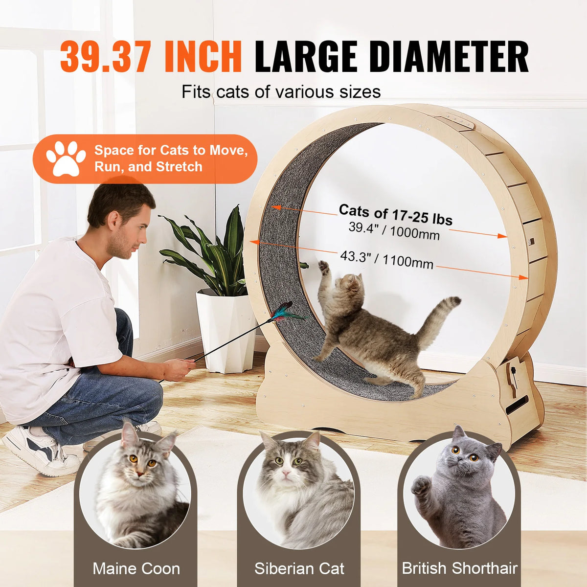 SucceBuy Wooden Cat Exercise Wheel Large Cat Treadmill Wheel for Indoor Cat Running Wheel with Detachable Carpet& Cat Teaser