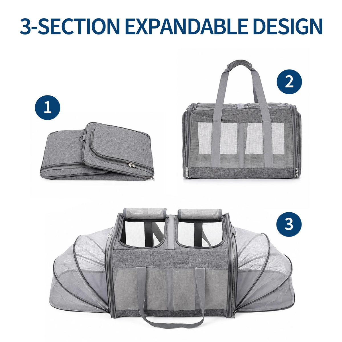 Expandable Double Pet Carrier for 2 Cats or Small Dogs - Soft-Sided Large Travel Bag with Dual Expandable Panels - Removable Divider, Collapsible Breathable Polyester - Grey