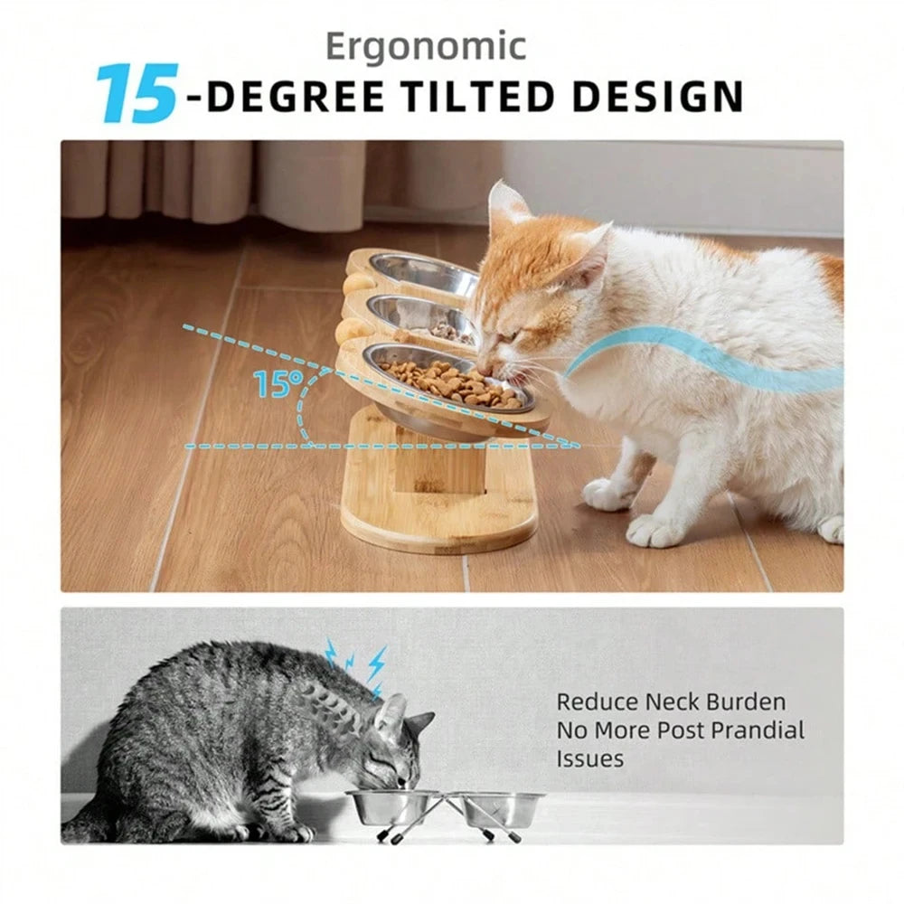 Elevated Wooden Cat Feeder With Three Stainless Steel Bowls