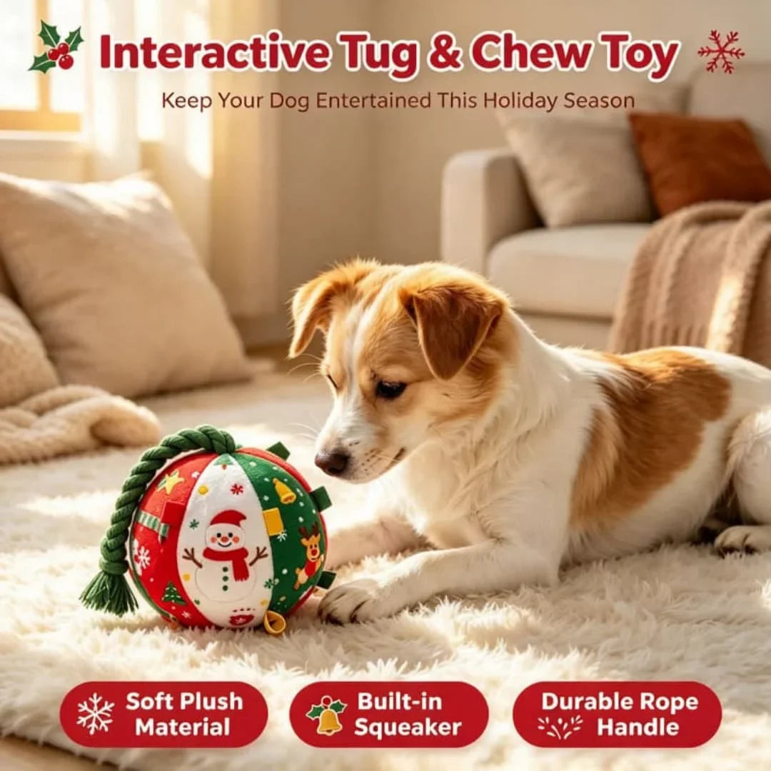 Christmas Interactive Dog Ball Toy with Bells, Durable Plush Pet Toy for Boredom Relief, Holiday Training Fetch Toy for All Dogs