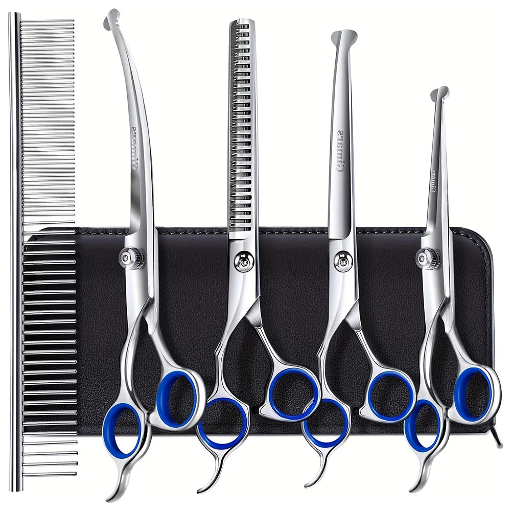 Professional Dog Grooming Scissors Set 7 in 1 Stainless Steel Pet Clippers With Ceramic Coating Ergonomic Handle Safe Round Tips Storage Case