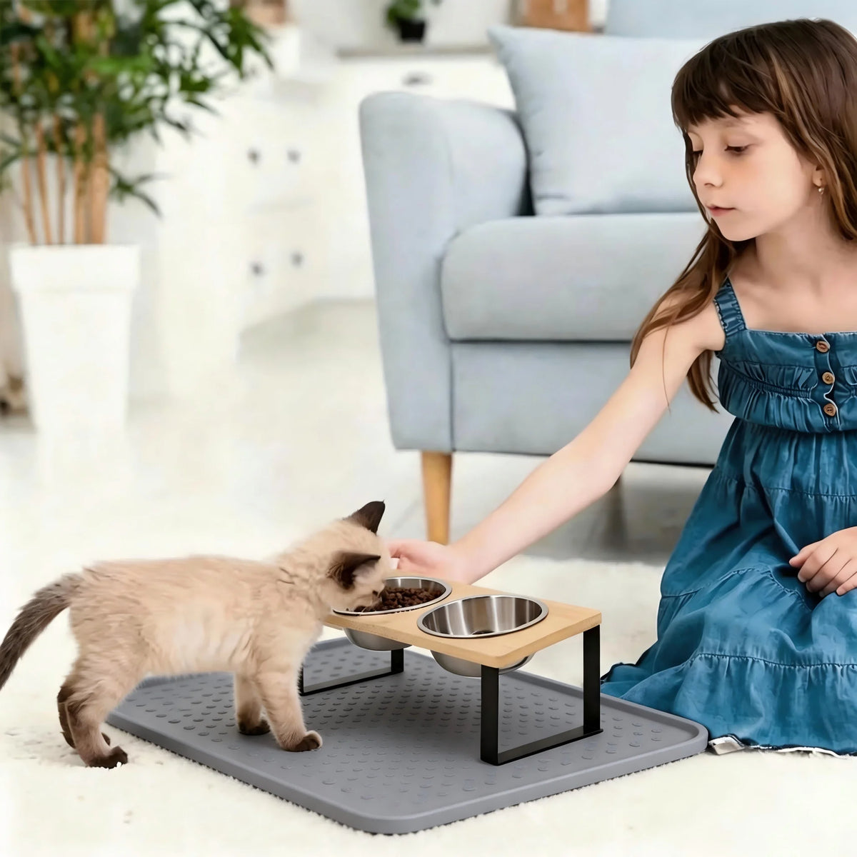 Stainless Steel Elevated Cat Food Bowl Set With Wooden Stand