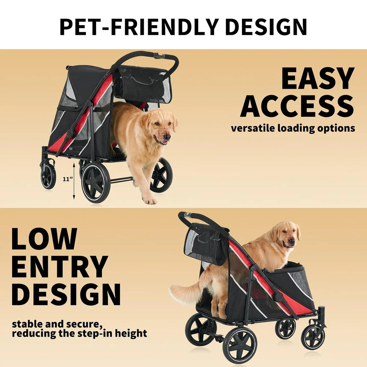 Multi Functional Pet Cart Lightweight And Foldable Multiple Cats Dogs And Outdoor Carts Heavy-Duty Large Dog Stroller with Mesh Ventilation, Removable Bed, Storage Basket For Dogs Cat