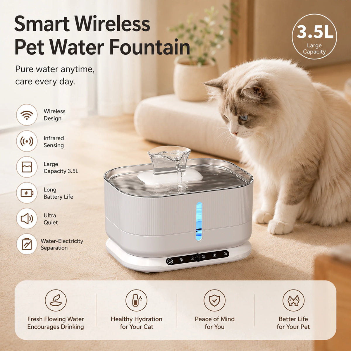 Cordless Rechargeable Automatic Cat Water Fountain Pet Dispenser