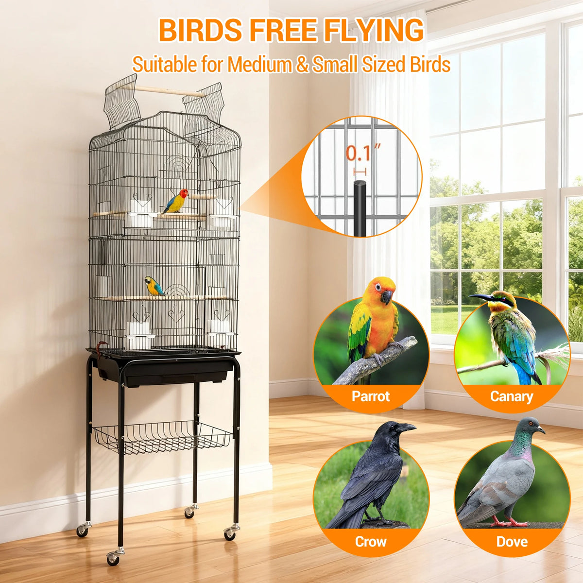 HiMISS Large Bird Cage With Rolling Stand And Storage Shelf