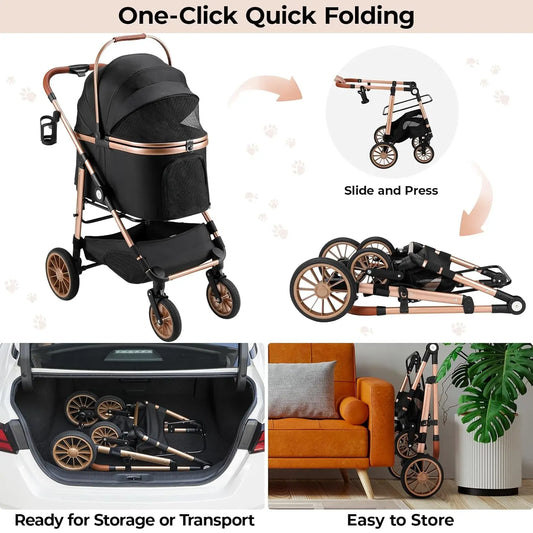 Foldable All Terrain Pet Stroller With Carrier And Basket