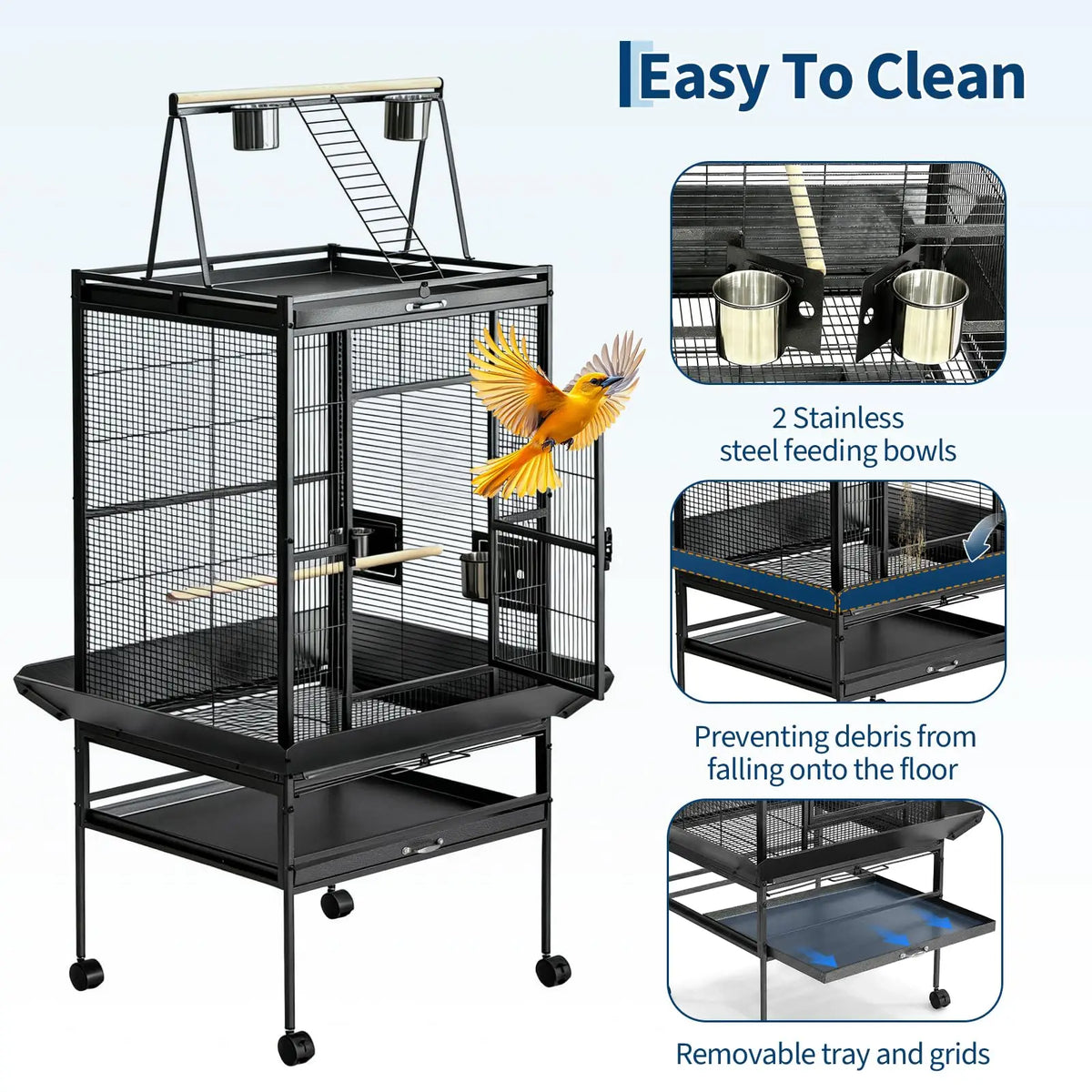 HiMISS Large Parrot Cage With Rolling Stand And Play Top