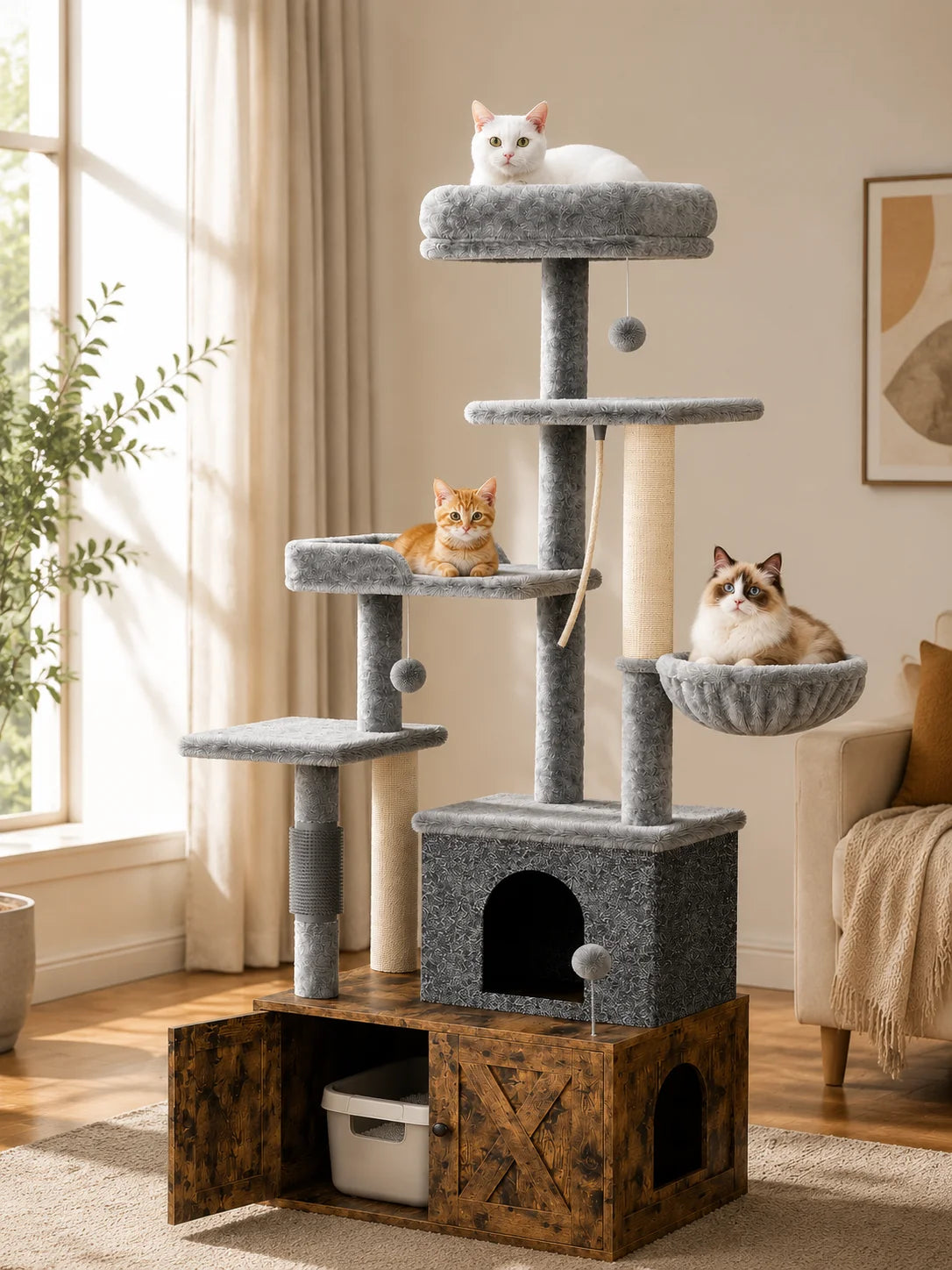 Modern Cat Condo With Integrated Litter Box And Scratching Posts
