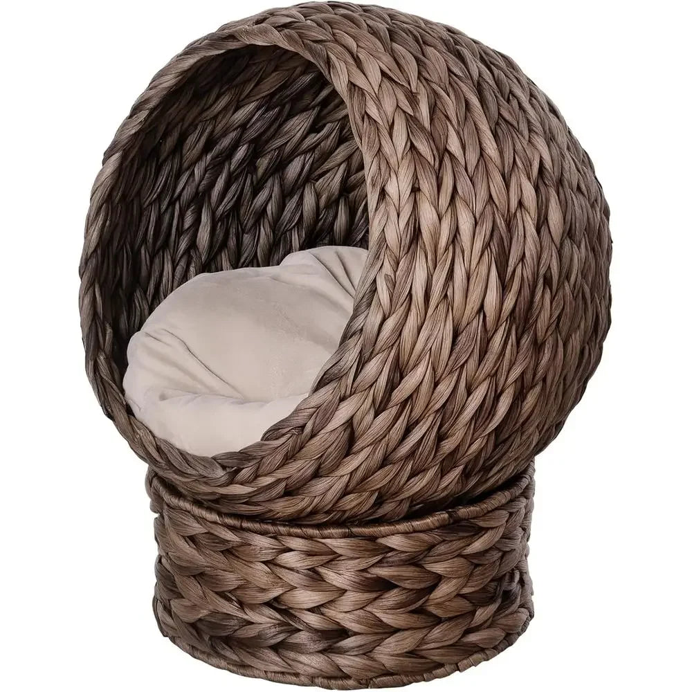 Elevated Wicker Cat Bed With Rotating Egg Chair Stand