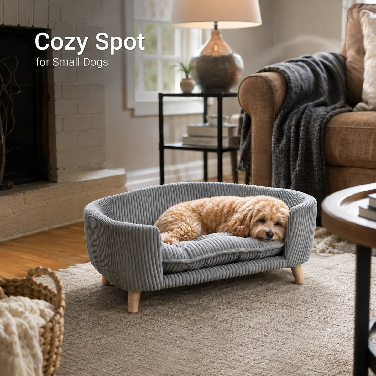 Elevated Corduroy Pet Sofa Bed With Rubber Wood Legs