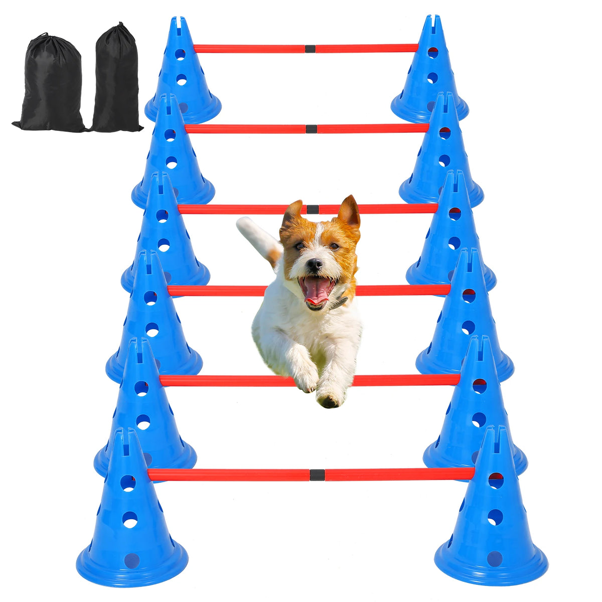 Dog Agility Hurdle Cone Set — 12 Cones & 6 Rods, Adjustable Height, Adjustable 4-Level Heights for Beginner to Advanced Jumpers, Includes 12 Cones & 6 Rods in a Carry Bag, Use Indoors & Outdoors