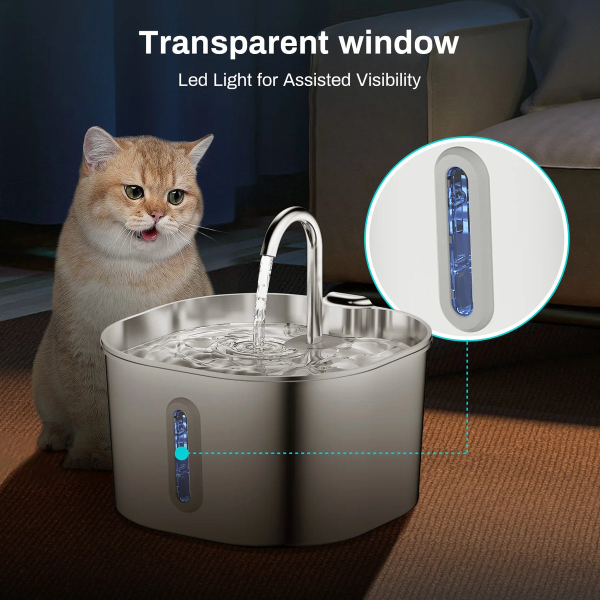 Stainless Steel Silent Cat Water Fountain Led Pet Dispenser