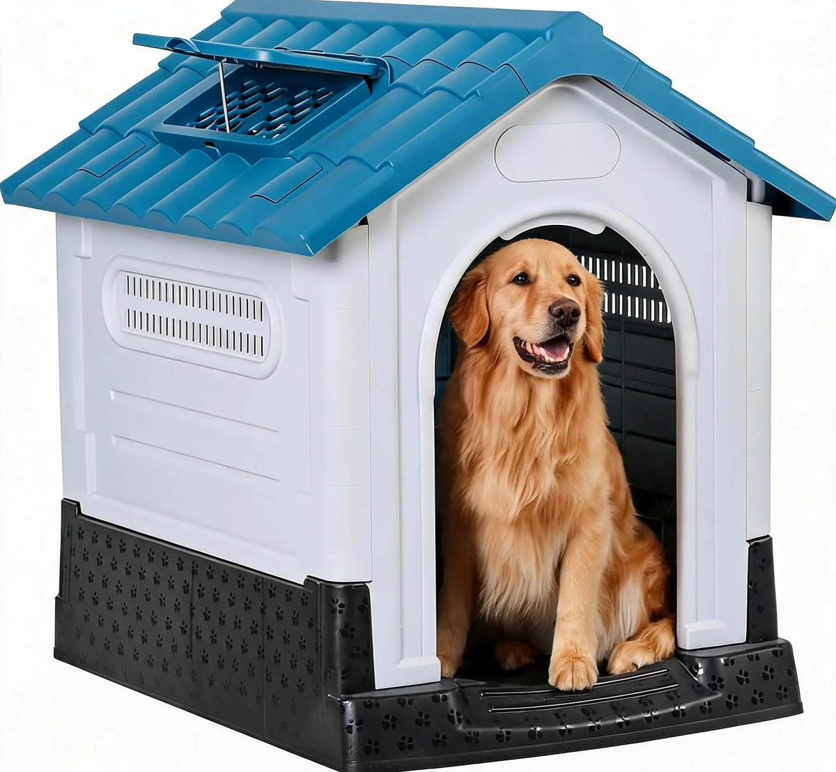 Waterproof 2-Door Dog House, Grey – Fold-Out Porch, Elevated Base, for Indoor/Outdoor Use, Small & Medium Dogs, 31"L X 21"W X 26"H, Easy Assembly
