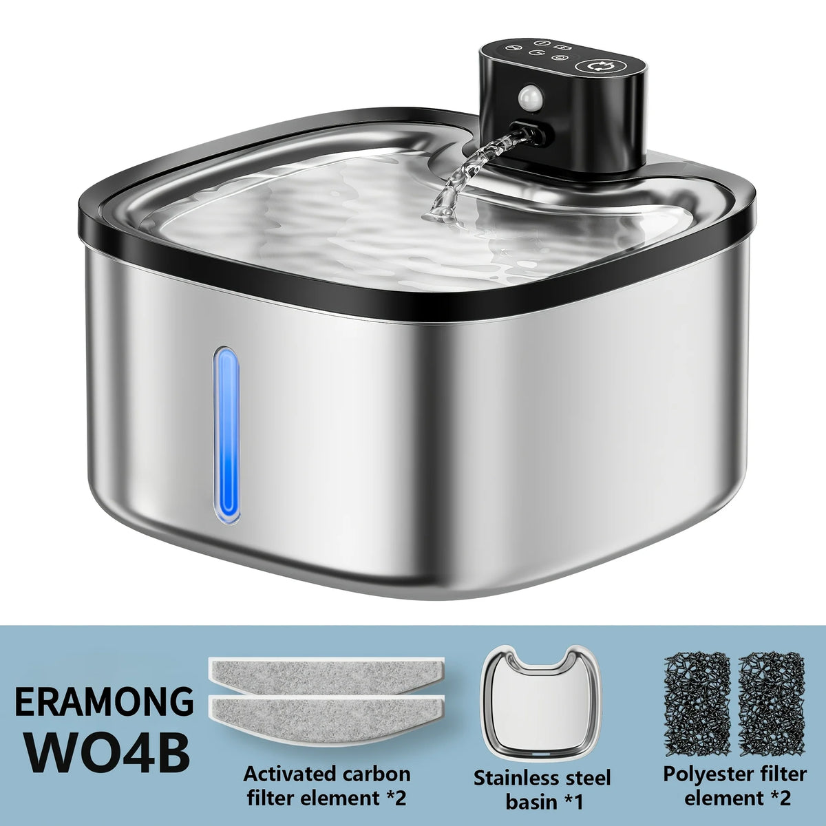 ERAMONG Wireless Stainless Steel Smart Cat Water Fountain Motion Sensor