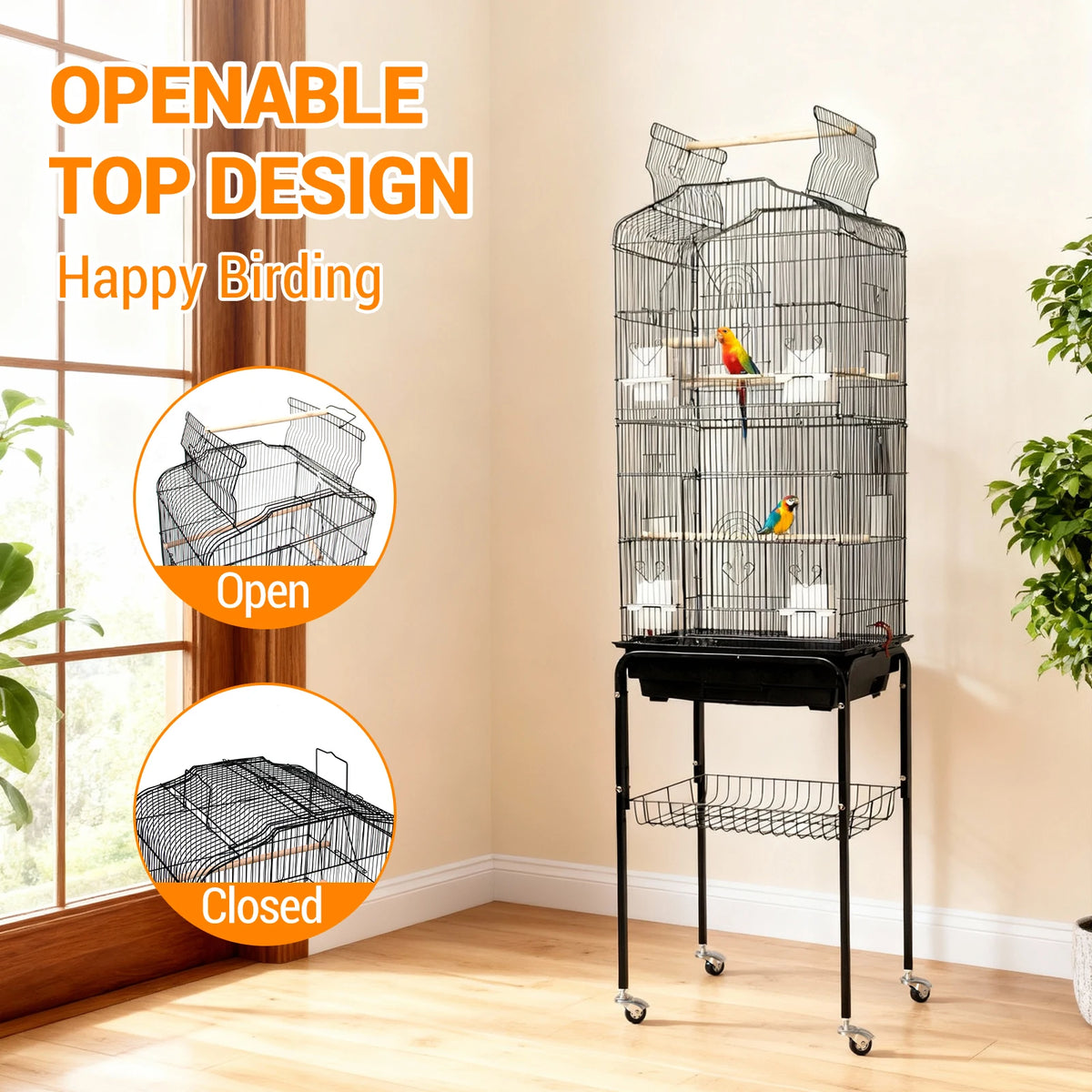 HiMISS Large Bird Cage With Rolling Stand And Storage Shelf