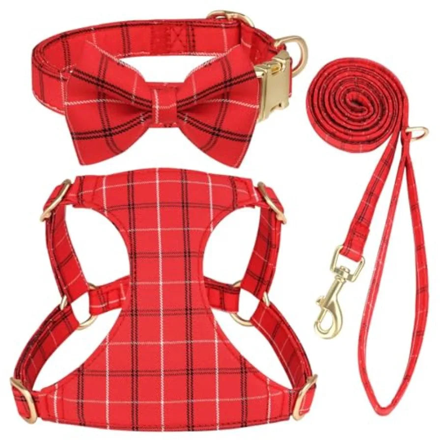Adjustable Dog Harness Collar And Leash Set With Bowtie
