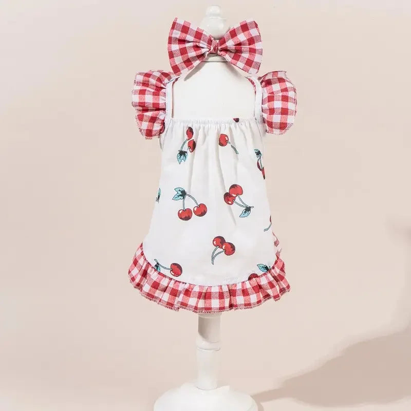 Printed Plaid Pet Dress With Bow, Elastic Mesh Princess Costume