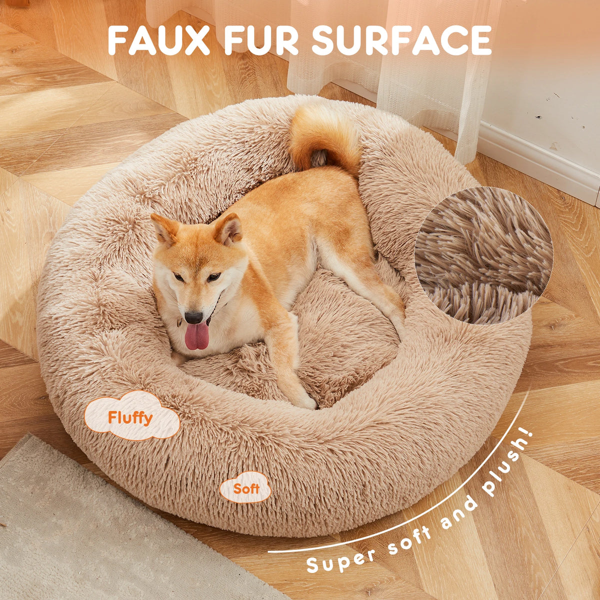 JHK Calming Round Dog Bed Fluffy Washable Faux Fur