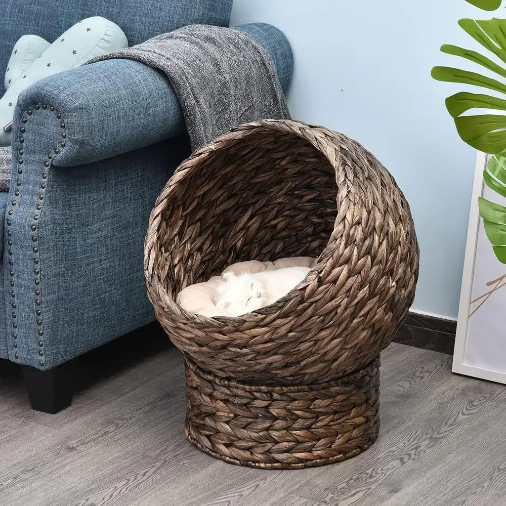 Elevated Wicker Cat Bed With Rotating Egg Chair Stand