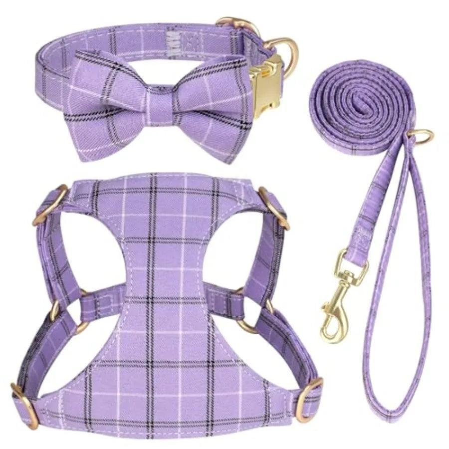 Adjustable Dog Harness Collar And Leash Set With Bowtie