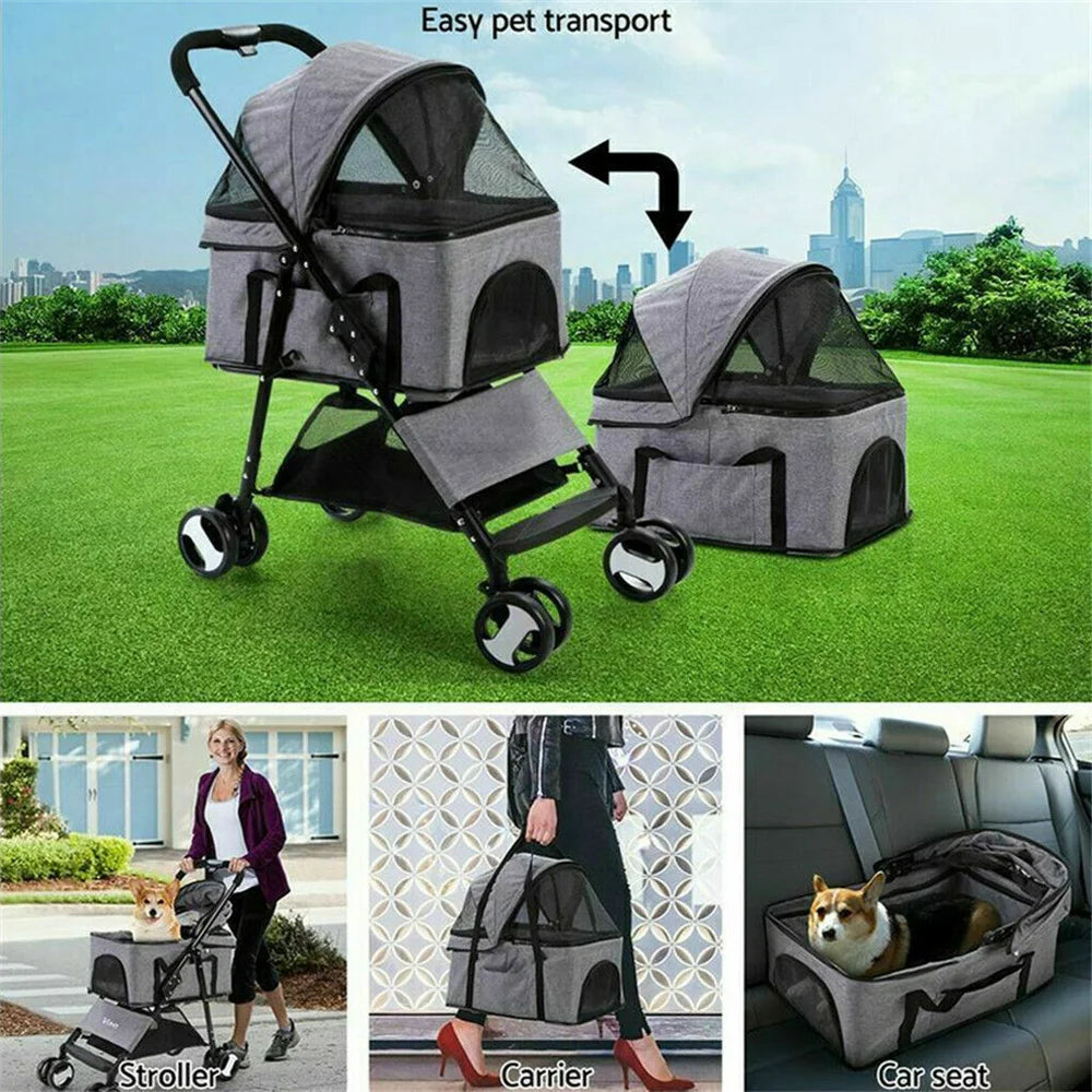 Foldable Pet Dog and Cat Travel Stroller With Storage Basket