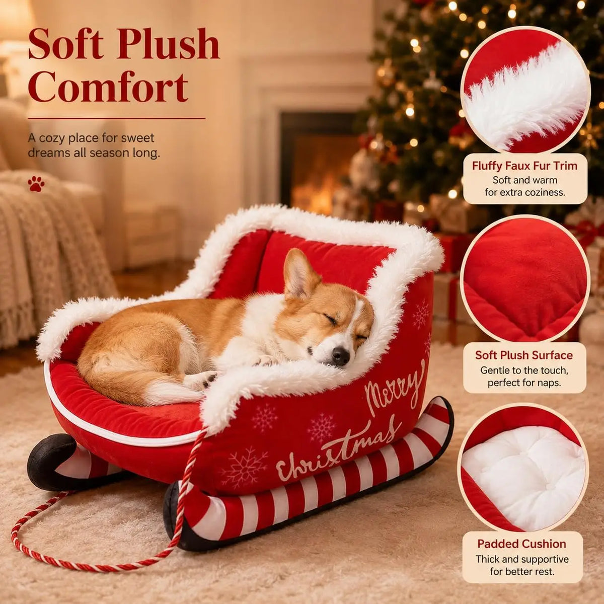 Christmas Dog Bed Sleigh, Santa Themed Calming Pet Sofa with Raised Sides, Soft Plush Winter Dog Sleigh Bed, Washable for Pets (Large)
