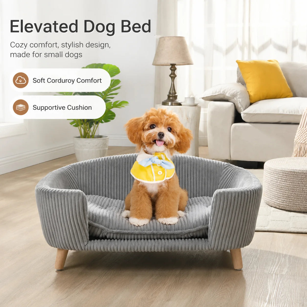 Elevated Corduroy Pet Sofa Bed With Rubber Wood Legs