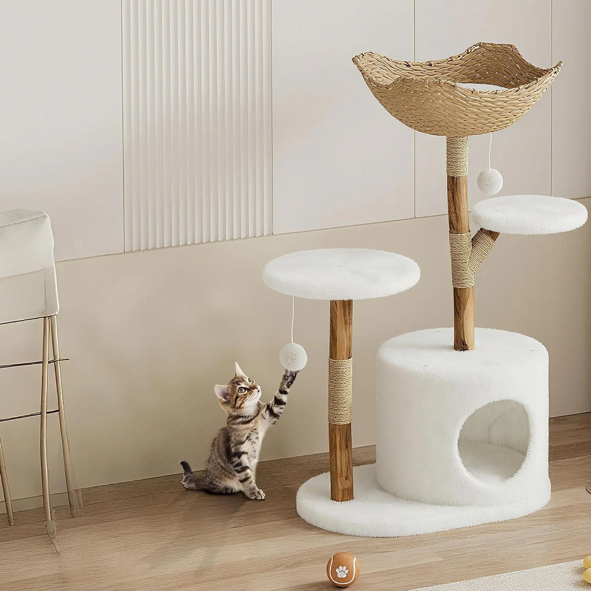 Wooden Cat Tree Tower With Rattan Perches Activity Center