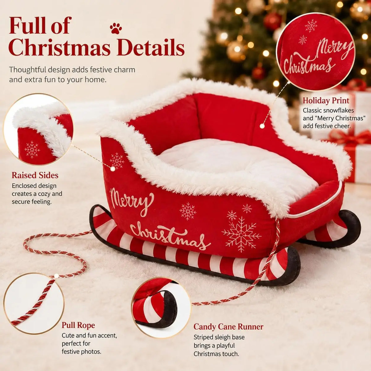 Christmas Dog Bed Sleigh, Santa Themed Calming Pet Sofa with Raised Sides, Soft Plush Winter Dog Sleigh Bed, Washable for Pets (Large)
