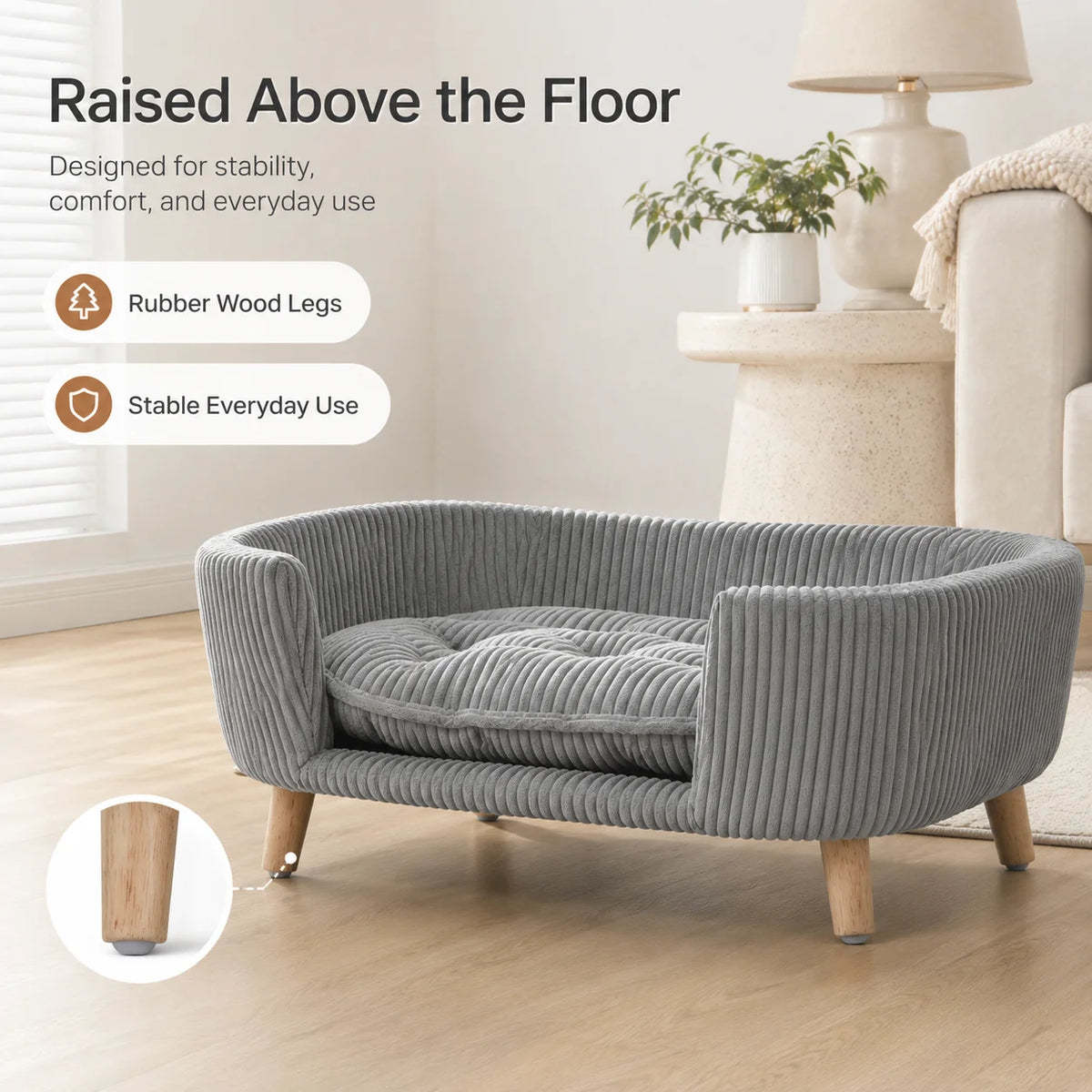 Elevated Corduroy Pet Sofa Bed With Rubber Wood Legs