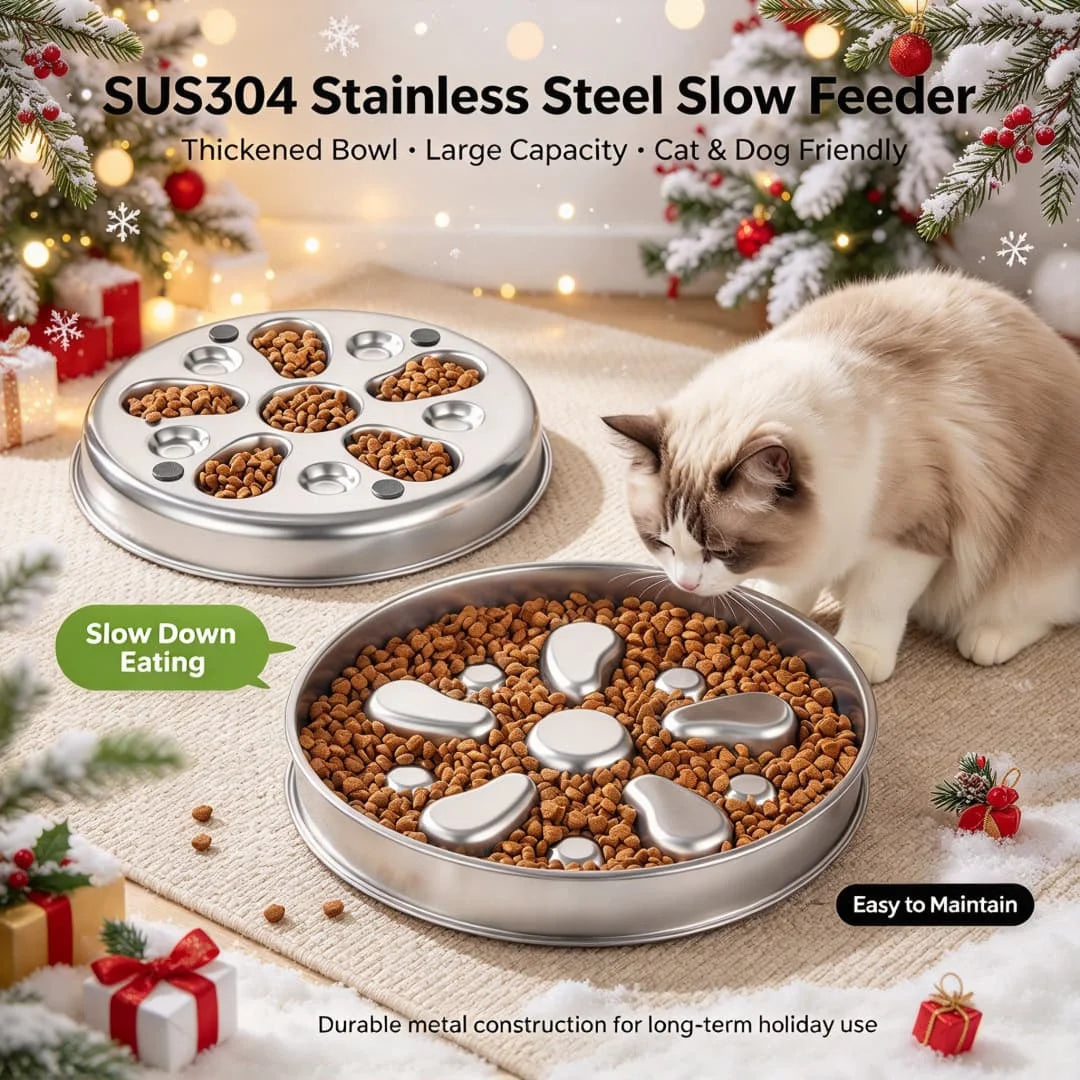 Large Stainless Steel Slow Feeder Bowl for Dogs, Reversible 2-in-1 Flower Design, Anti-Choking & Non-Slip Anti-Tip Base