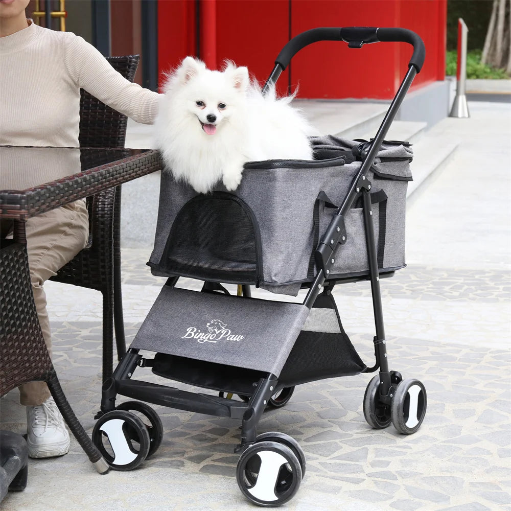 Foldable Pet Dog and Cat Travel Stroller With Storage Basket