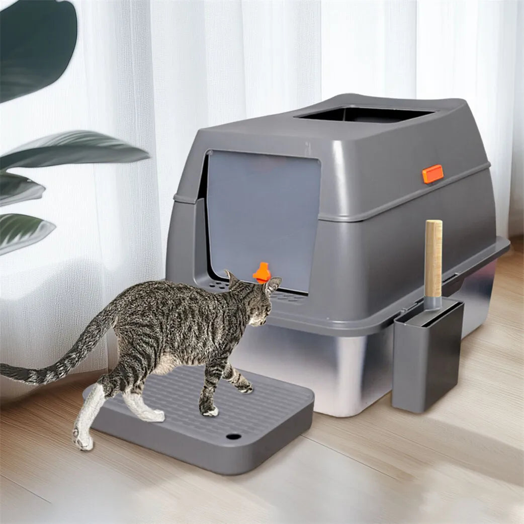 Enclosed Stainless Steel Cat Litter Box With Lid And Scoop