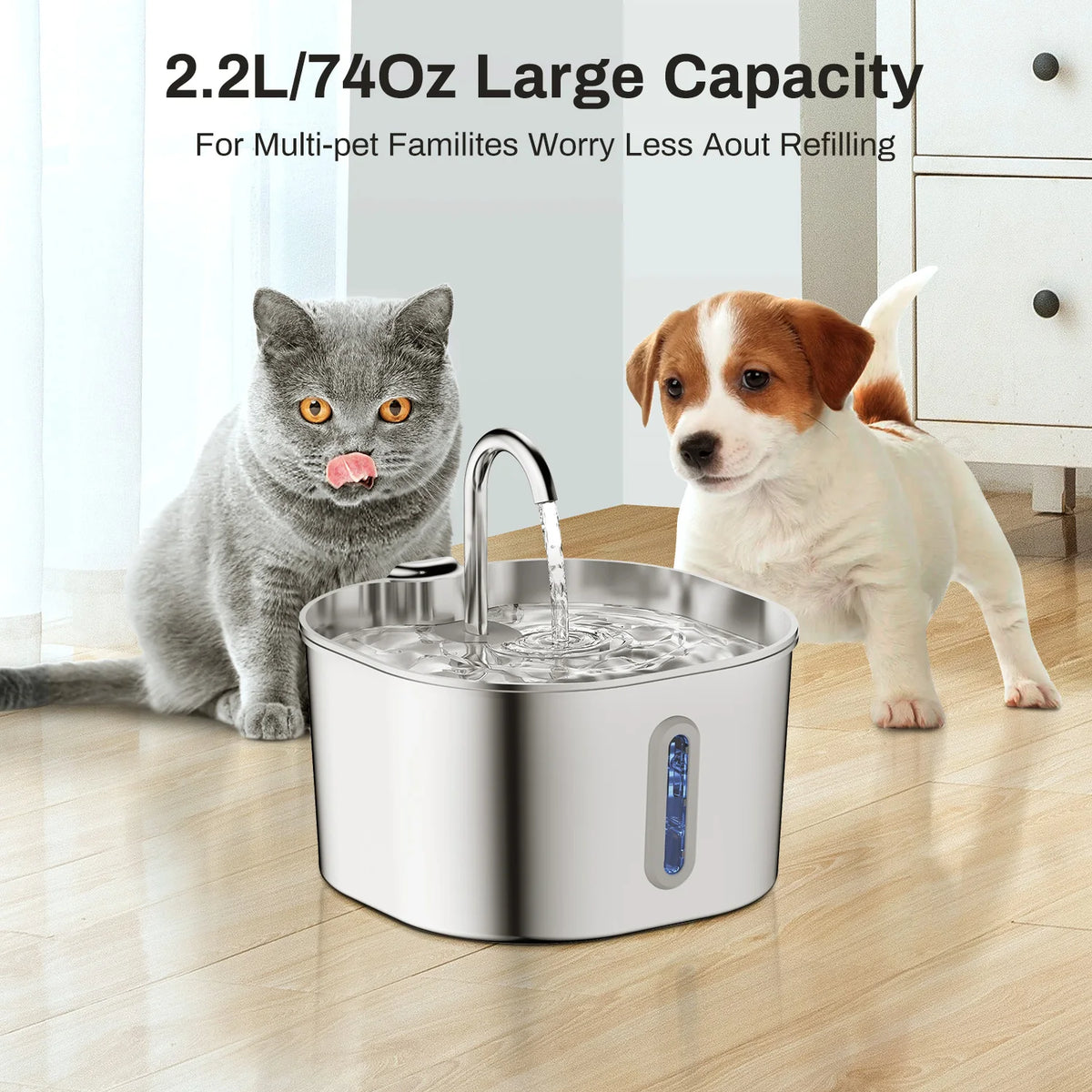 Stainless Steel Silent Cat Water Fountain Led Pet Dispenser