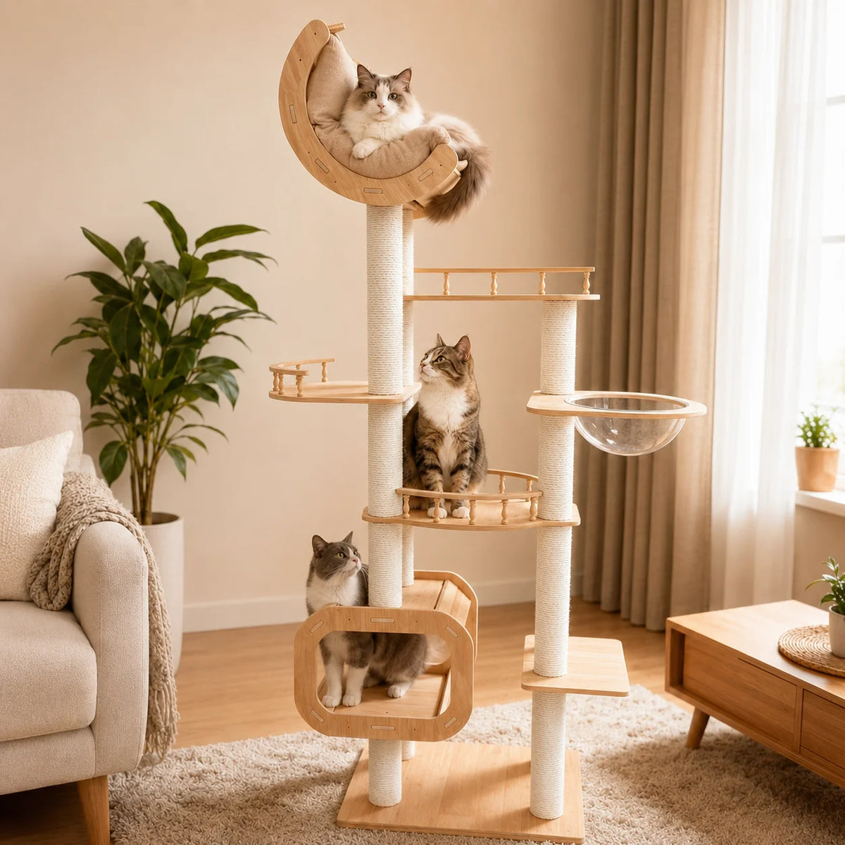 Sturdy Wooden Cat Tree with Condo, Bed and Sisal Posts