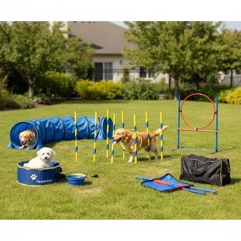 Dog agility training equipment, 5-piece set with adjustable high hurdles, 6 slalom poles, tunnel, jump ring, rest box, whistle, collapsible bowl, obstacle course set for puppies with storage bags