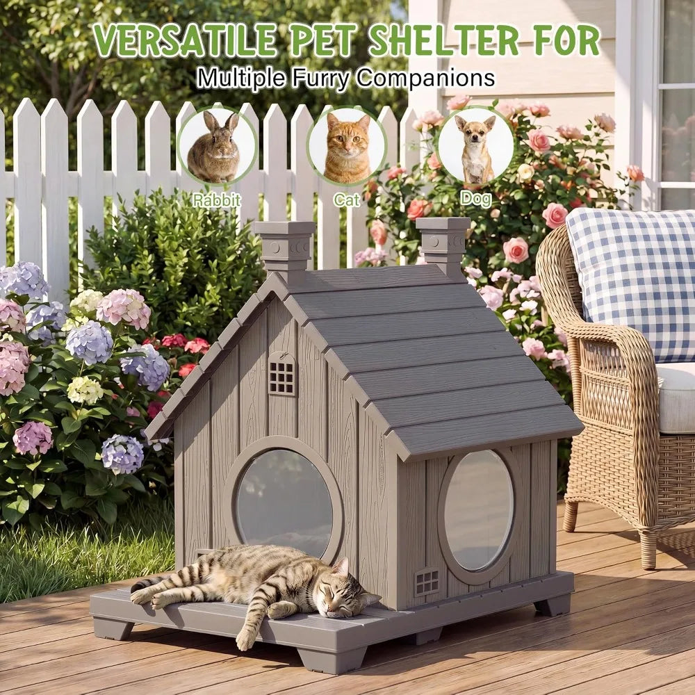 Outdoor Cat House Weatherproof, Durable Resin Cat Houses for Outdoor Indoor Cats, Litter Box Enclosure with Elevated Base, Cat Bed with Anti-Slip Pad, Ventilation,