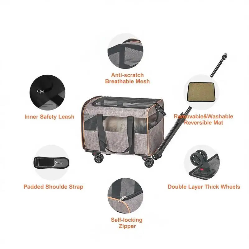 Nylon Airline Approved Rolling Pet Carrier with Handle and Bowl