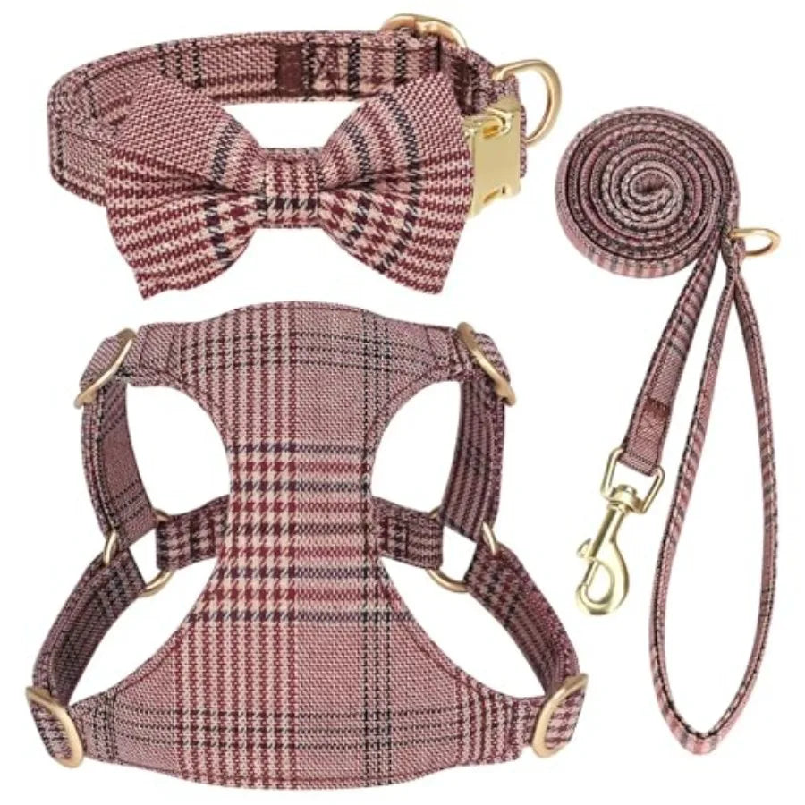 Adjustable Dog Harness Collar And Leash Set With Bowtie