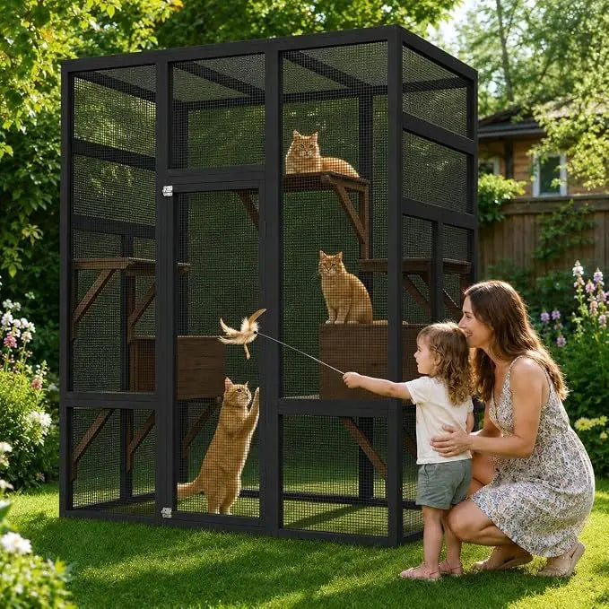 70" Walk-in Outdoor Catio with Window Access, Bridge & Cat House for Cats