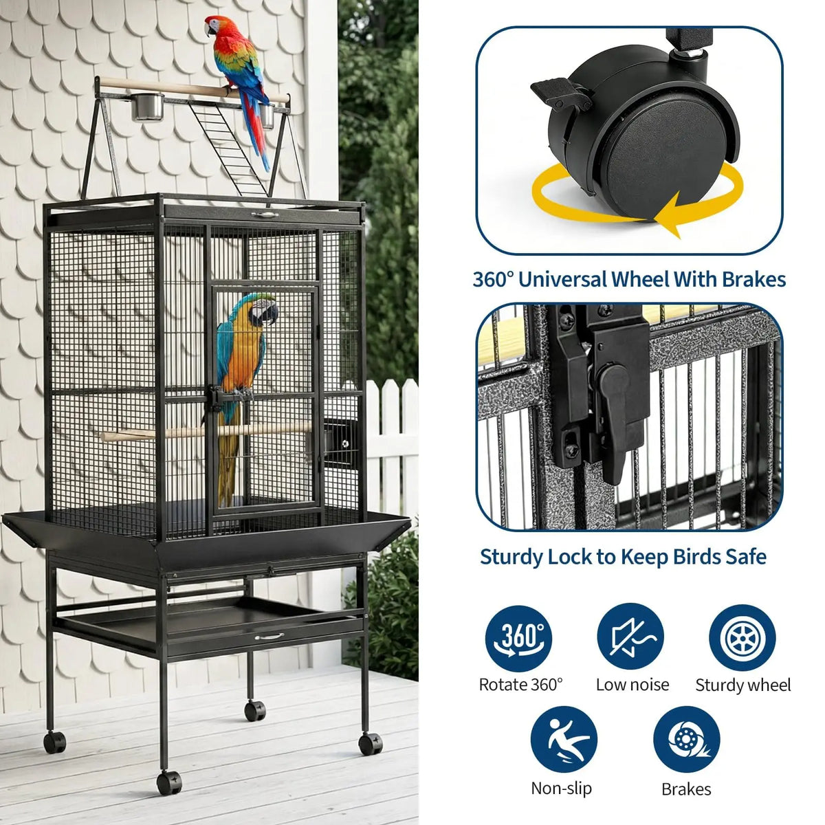 HiMISS Large Parrot Cage With Rolling Stand And Play Top