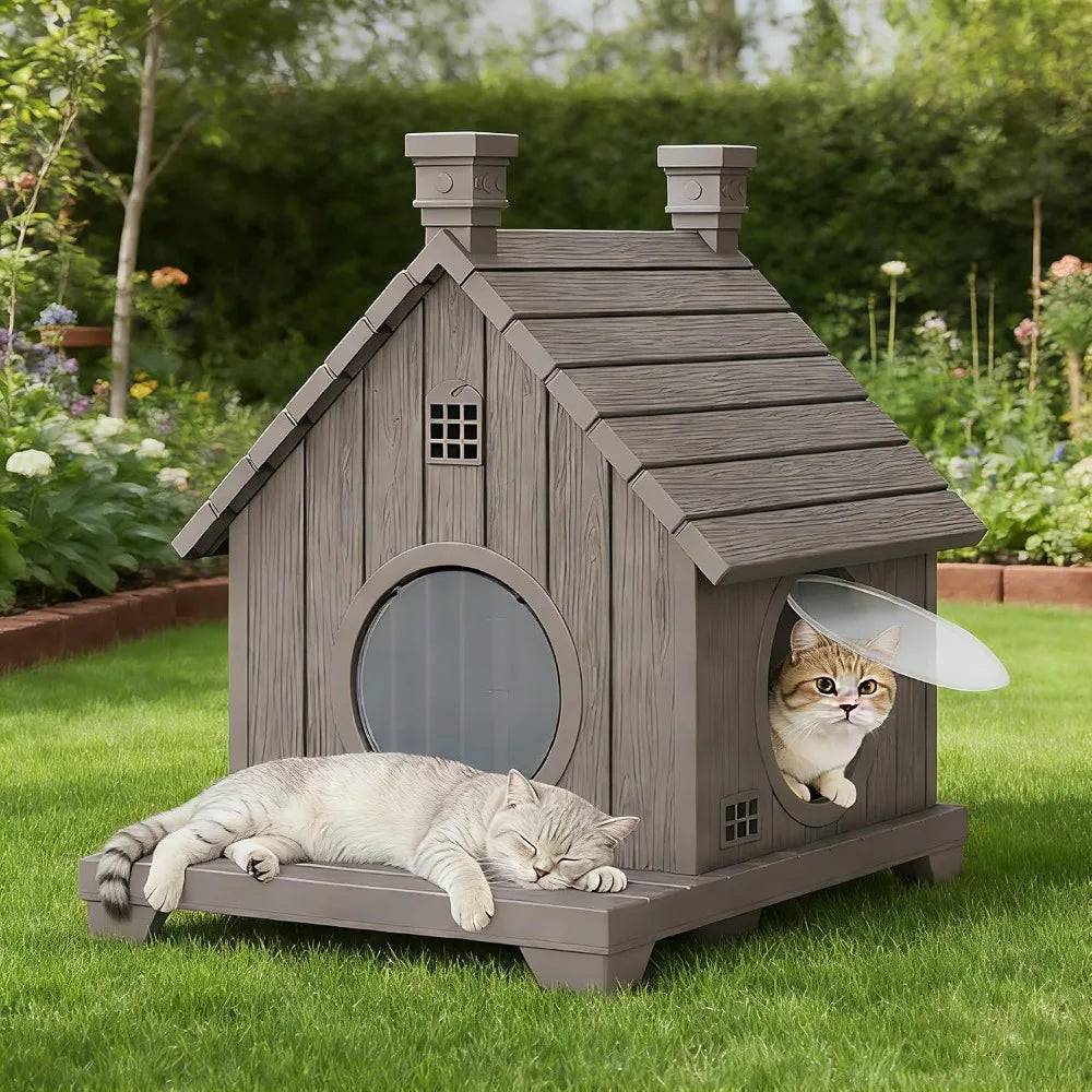 Outdoor Cat House Weatherproof, Durable Resin Cat Houses for Outdoor Indoor Cats, Litter Box Enclosure with Elevated Base, Cat Bed with Anti-Slip Pad, Ventilation,